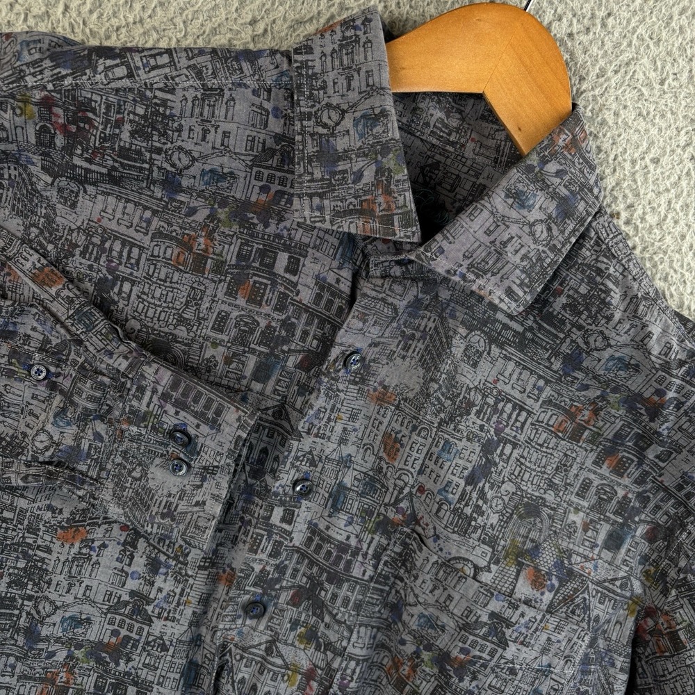 Alan Flusser Button Shirt Mens Large Gray All Over City Graphic Print Art Unique